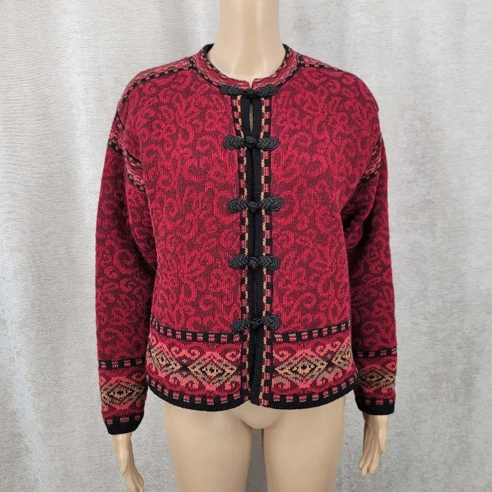 Coldwater Creek Wool Blend Icelandic Design Women's Red Patterned Sweater Nordic